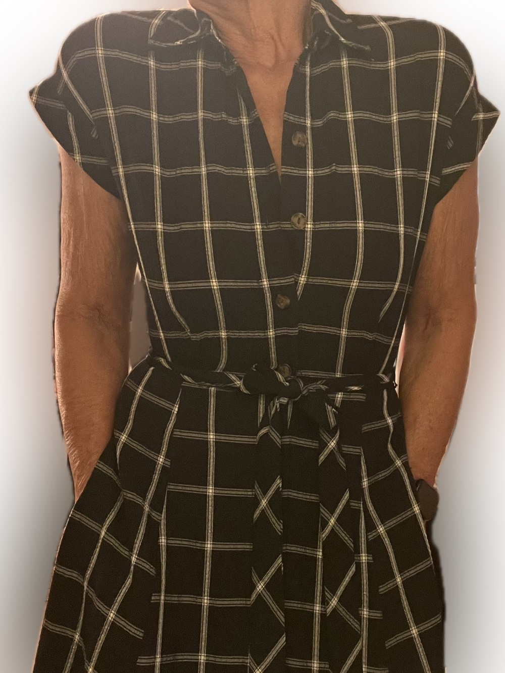 Calvin Klein Black Windowpane Midi Dress with Tie Waist